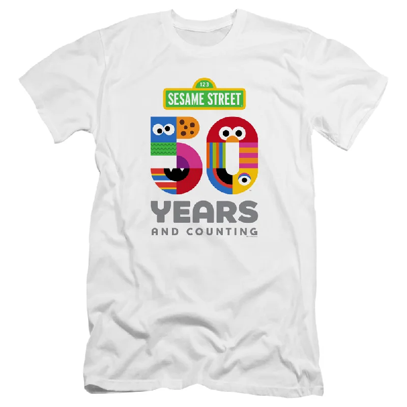 Deep Discounts Sesame Street Premium Canvas T-Shirt 50th Anniversary Logo White Tee