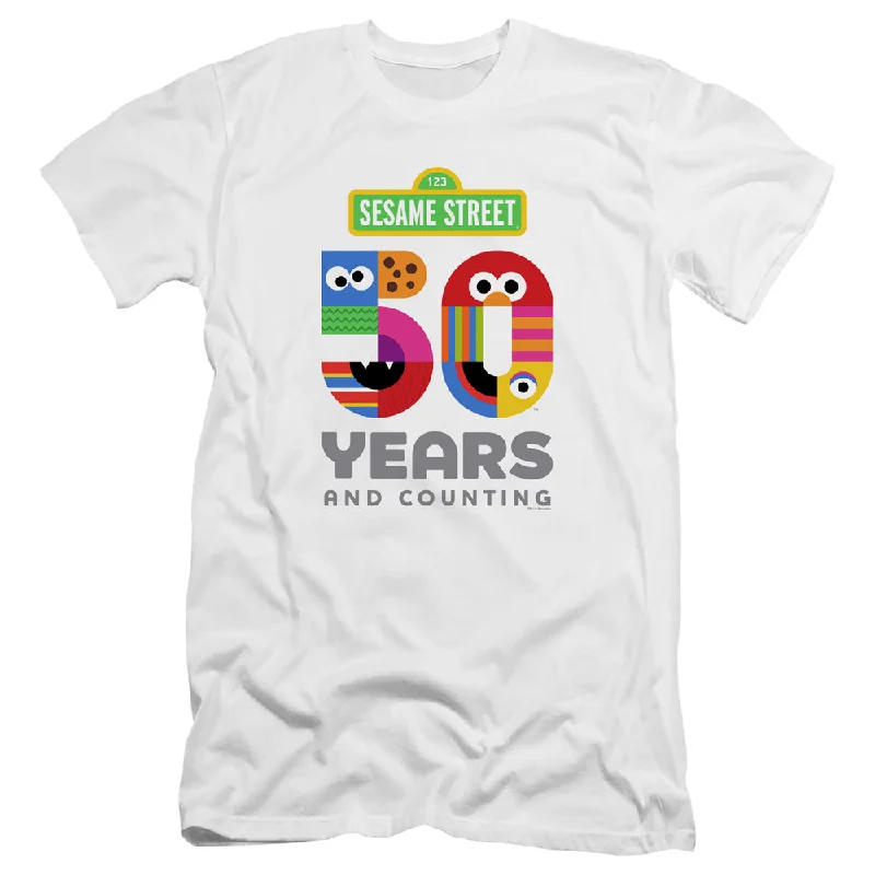 Discount Deals Sesame Street Slim Fit T-Shirt 50th Anniversary Logo White Tee