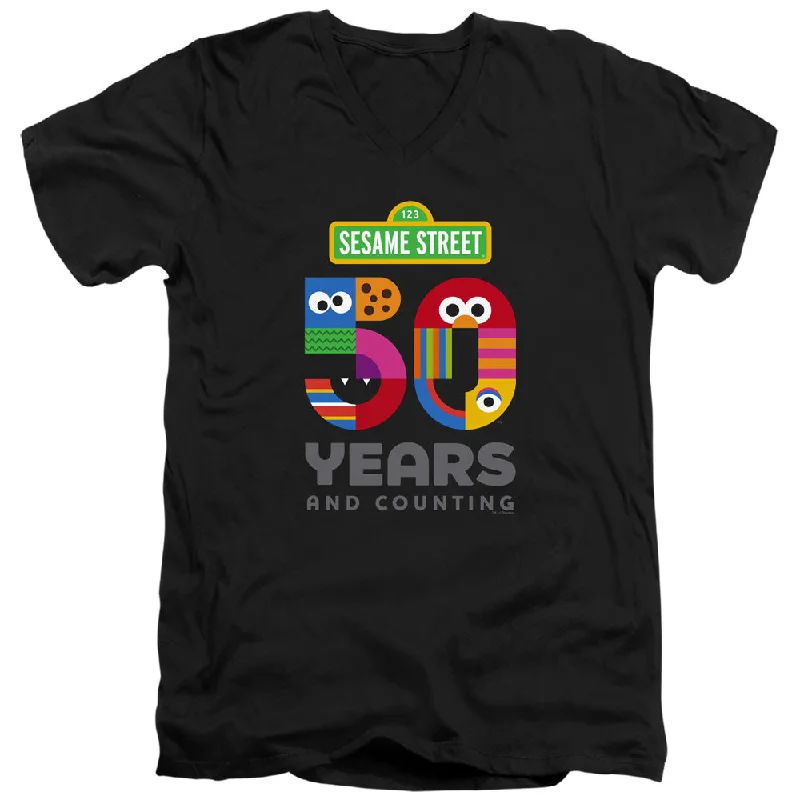 Online Only Sesame Street Slim Fit V-Neck T-Shirt 50th Anniversary Logo Black Tee