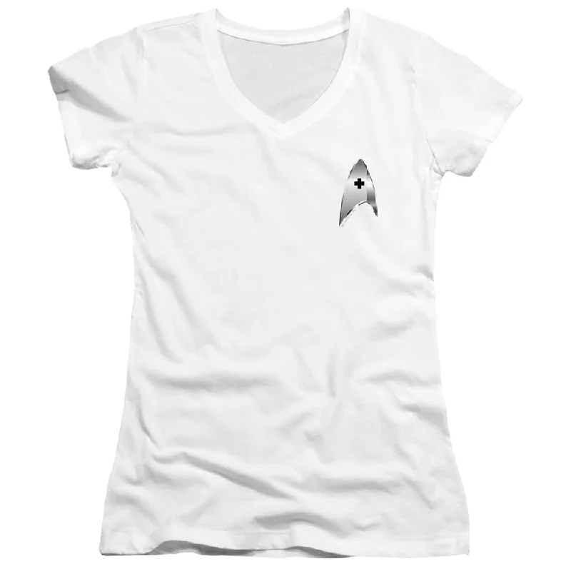 Don't Wait Star Trek Juniors V-Neck T-Shirt Discovery Medical Badge White Tee
