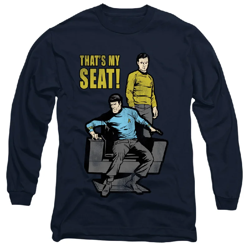 Blowout Deals Star Trek Long Sleeve T-Shirt Thats My Seat Navy Tee
