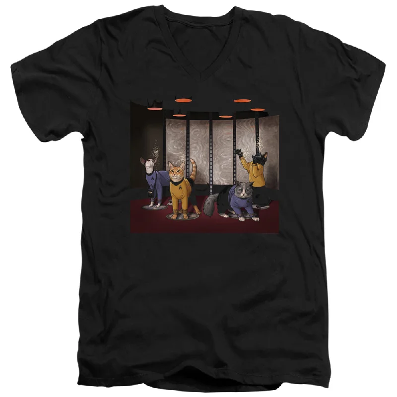 Seasonal Clearance Star Trek Slim Fit V-Neck T-Shirt Beam Meow Up Black Tee