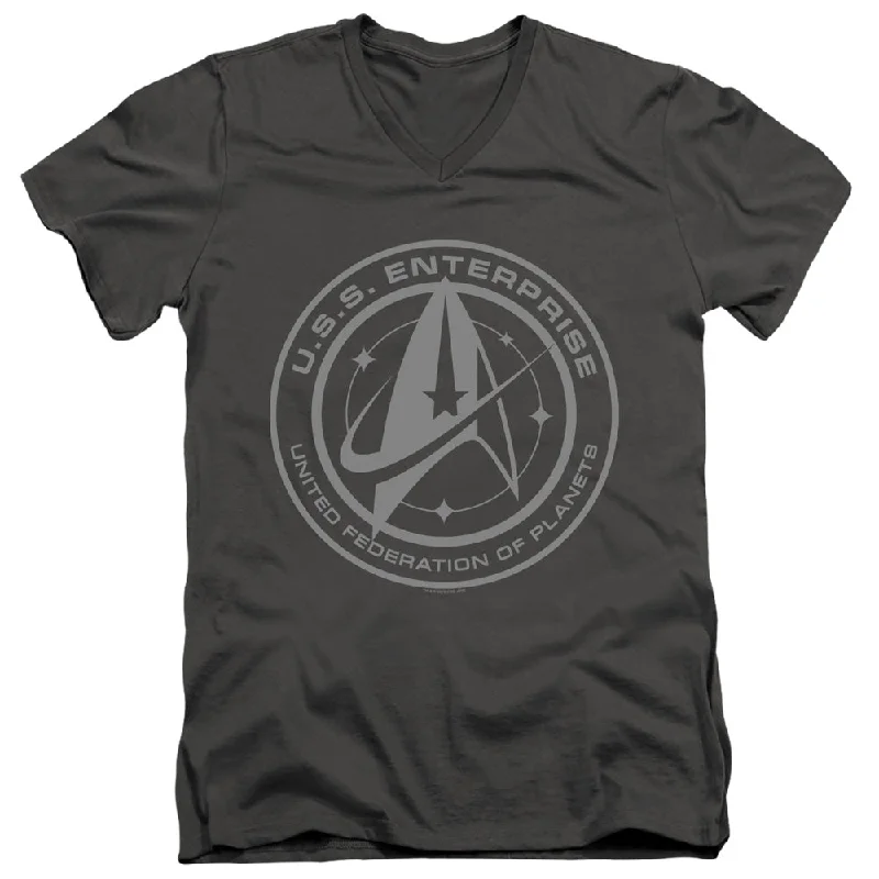 Daily Deals Star Trek Slim Fit V-Neck T-Shirt Enterprise Crest Charcoal Tee