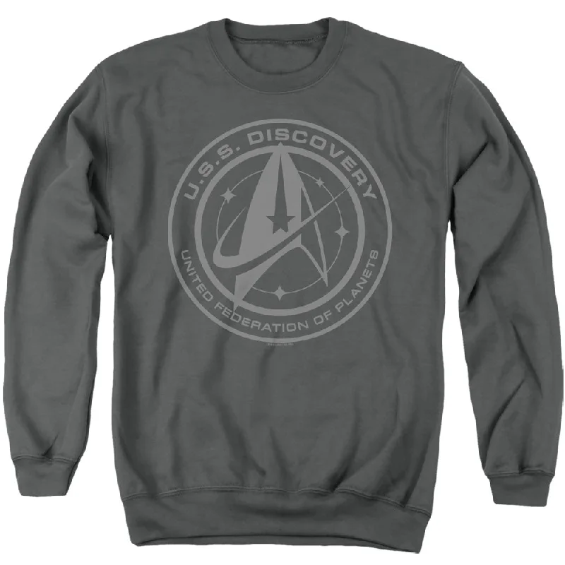 Steals and Deals Star Trek Sweatshirt Discovery Crest Charcoal Pullover